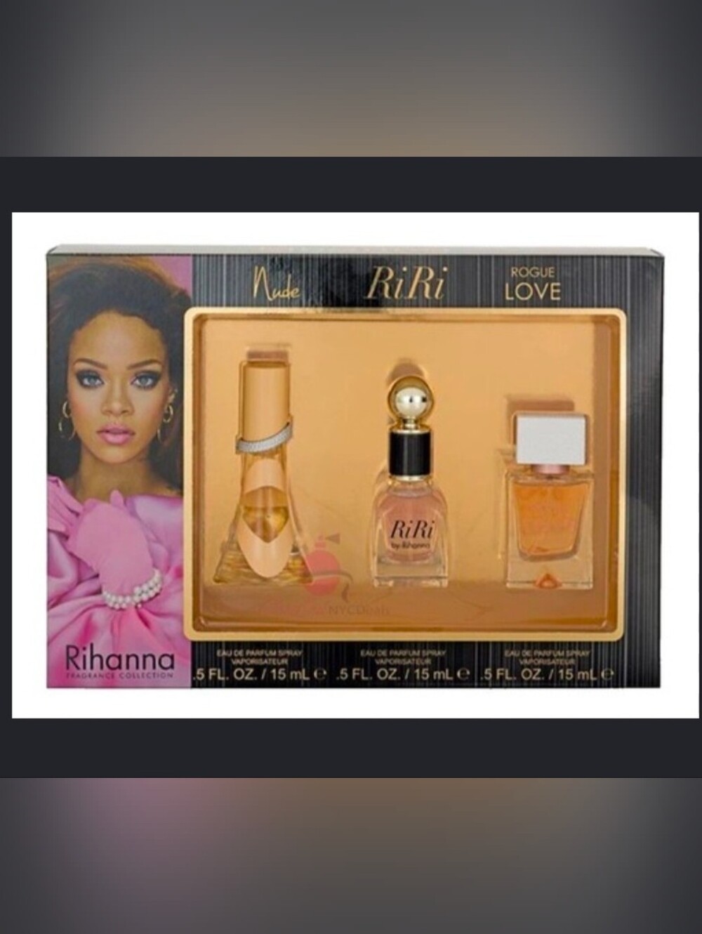 Rihanna 3-pc Set features mini bottles of Nude, RiRi, and Rogue Love